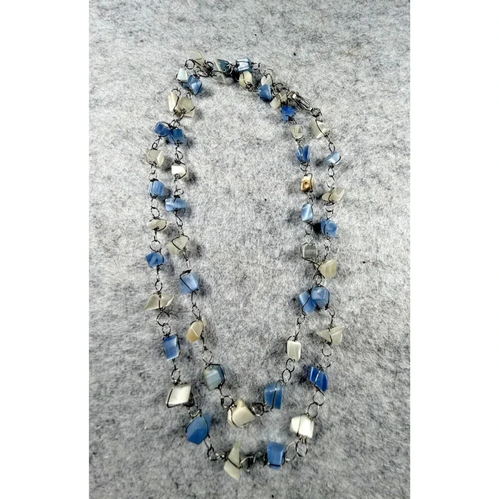 Vintage Y2K Blue Ivory Cats Eye Glass Bead Necklace Double Strand Wire Wrapped